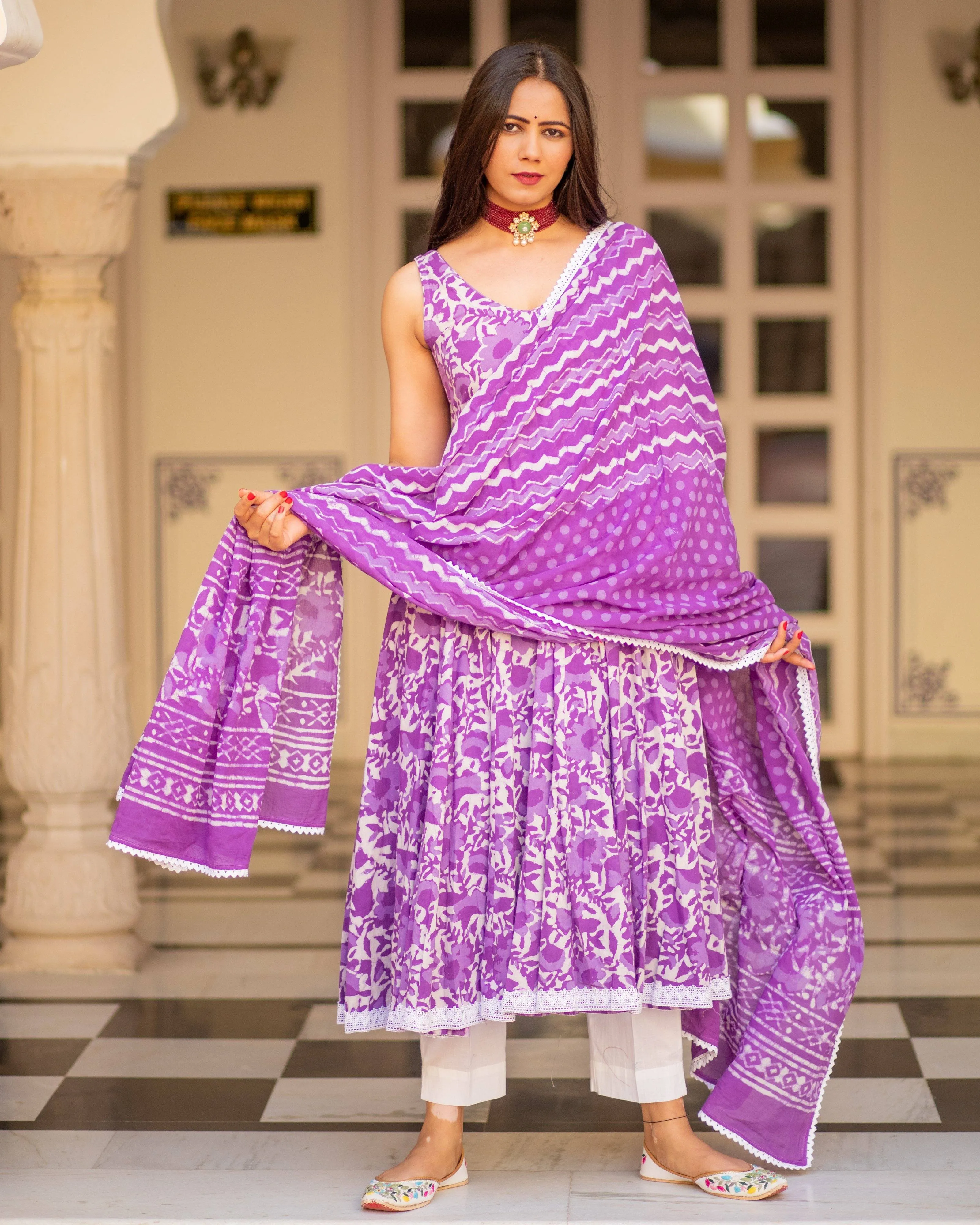 Cotton Dress Set - Purple Colored Dabu Print