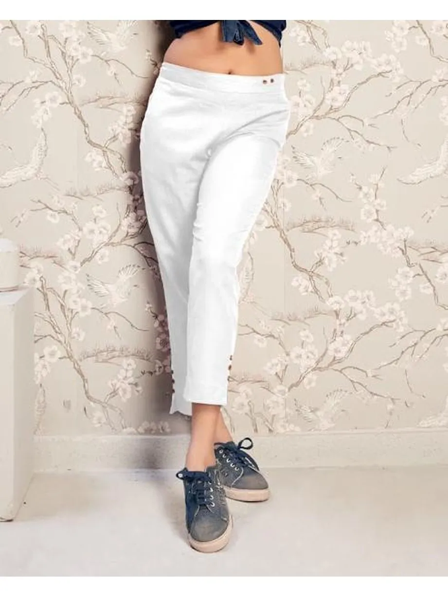 Cotton Flex Solid Women's White Pants