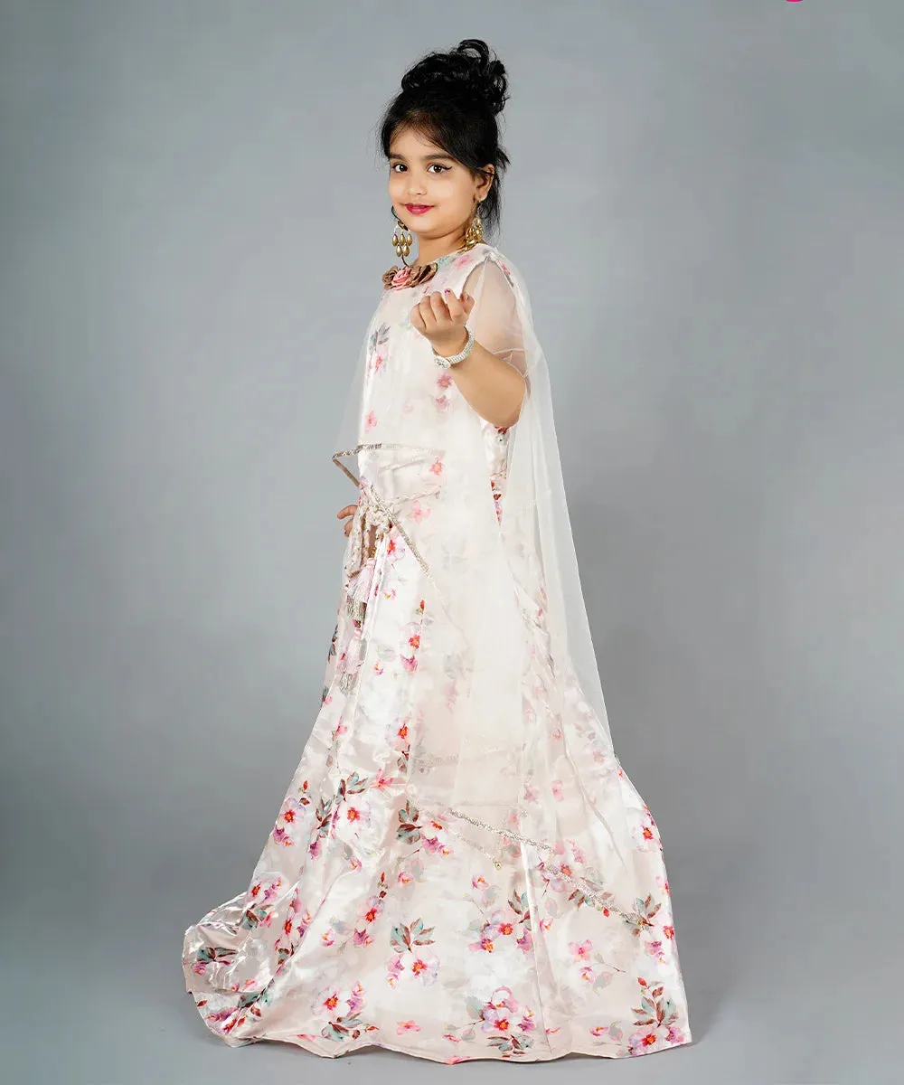 Cream Colored Self-Printed Gown with a Cape for Girls