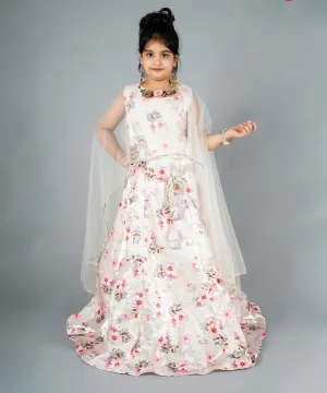 Cream Colored Self-Printed Gown with a Cape for Girls