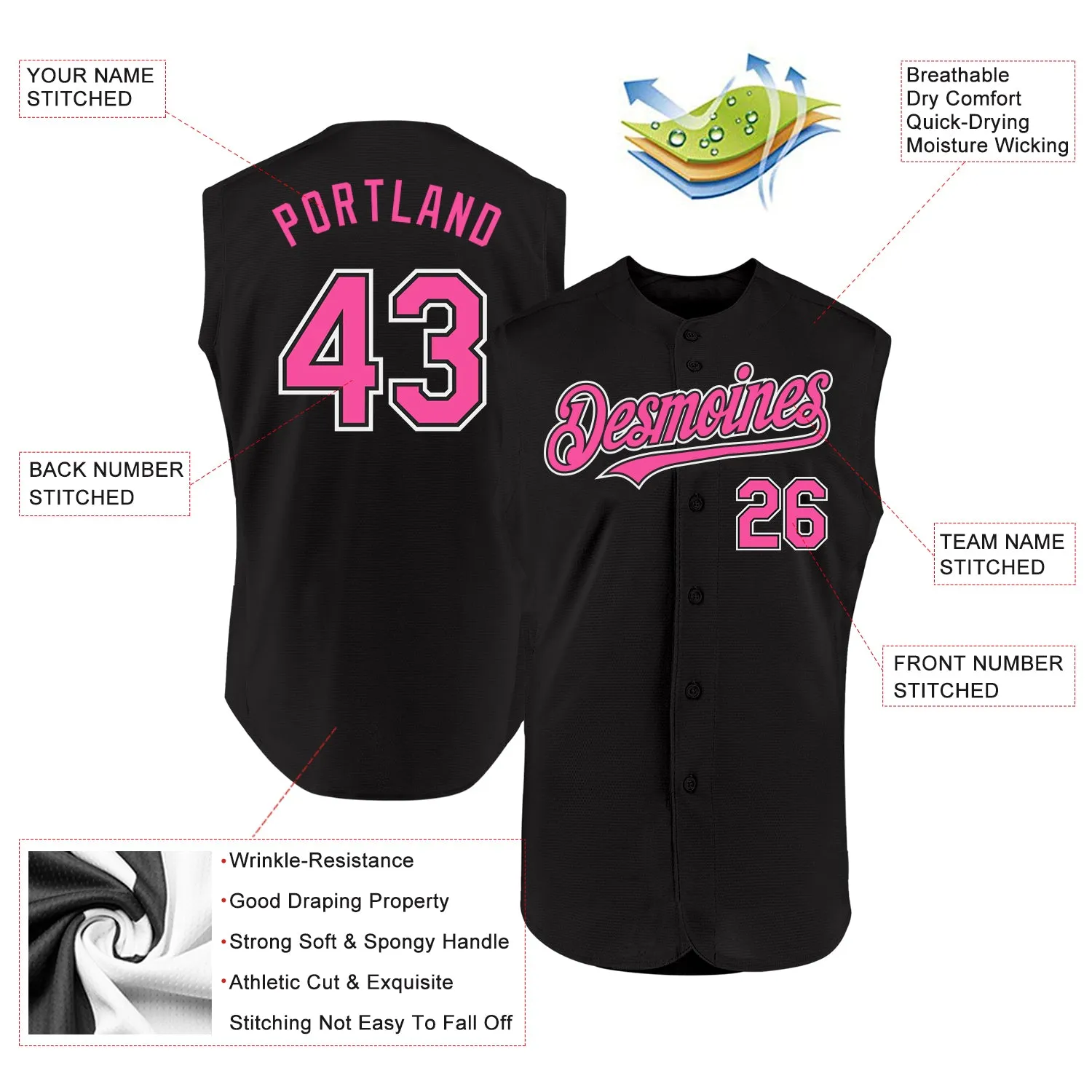 Custom Black Pink-White Authentic Sleeveless Baseball Jersey