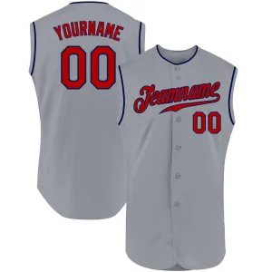 Custom Gray Red-Navy Authentic Sleeveless Baseball Jersey