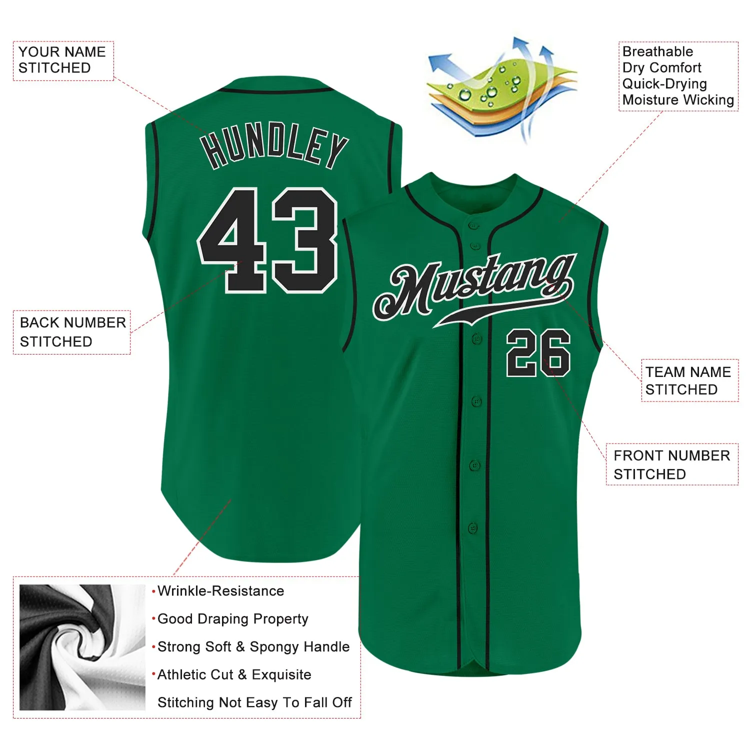 Custom Kelly Green Black-White Authentic Sleeveless Baseball Jersey