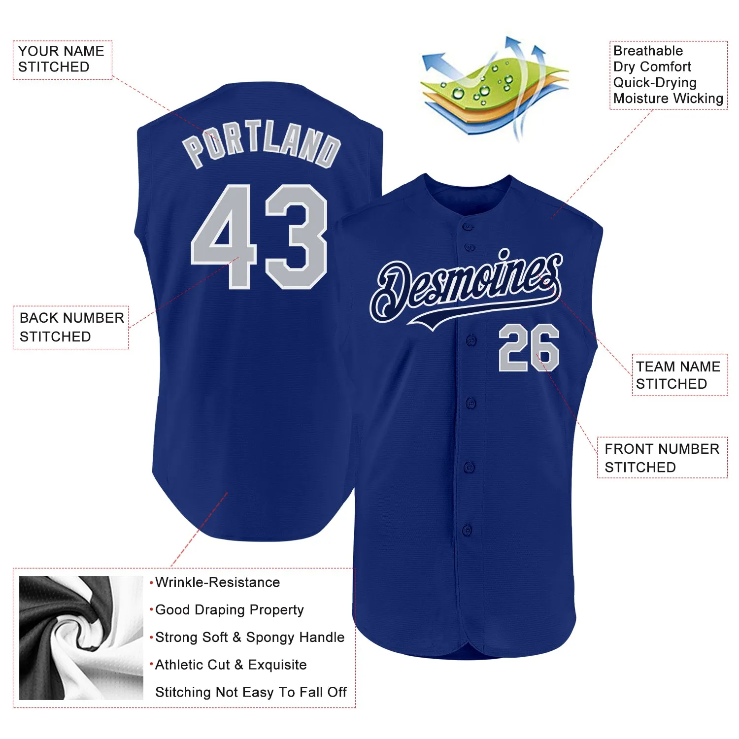 Custom Royal Gray-Navy Authentic Sleeveless Baseball Jersey