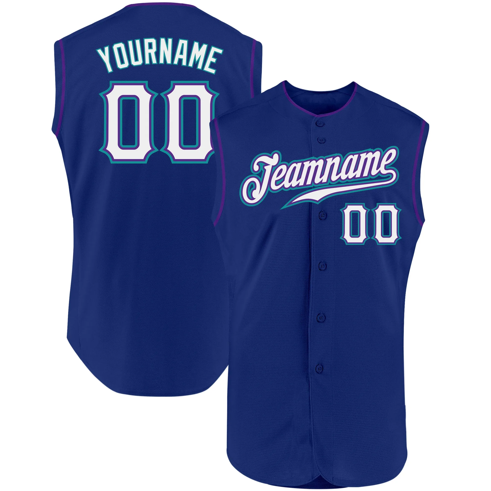 Custom Royal White Purple-Teal Authentic Sleeveless Baseball Jersey