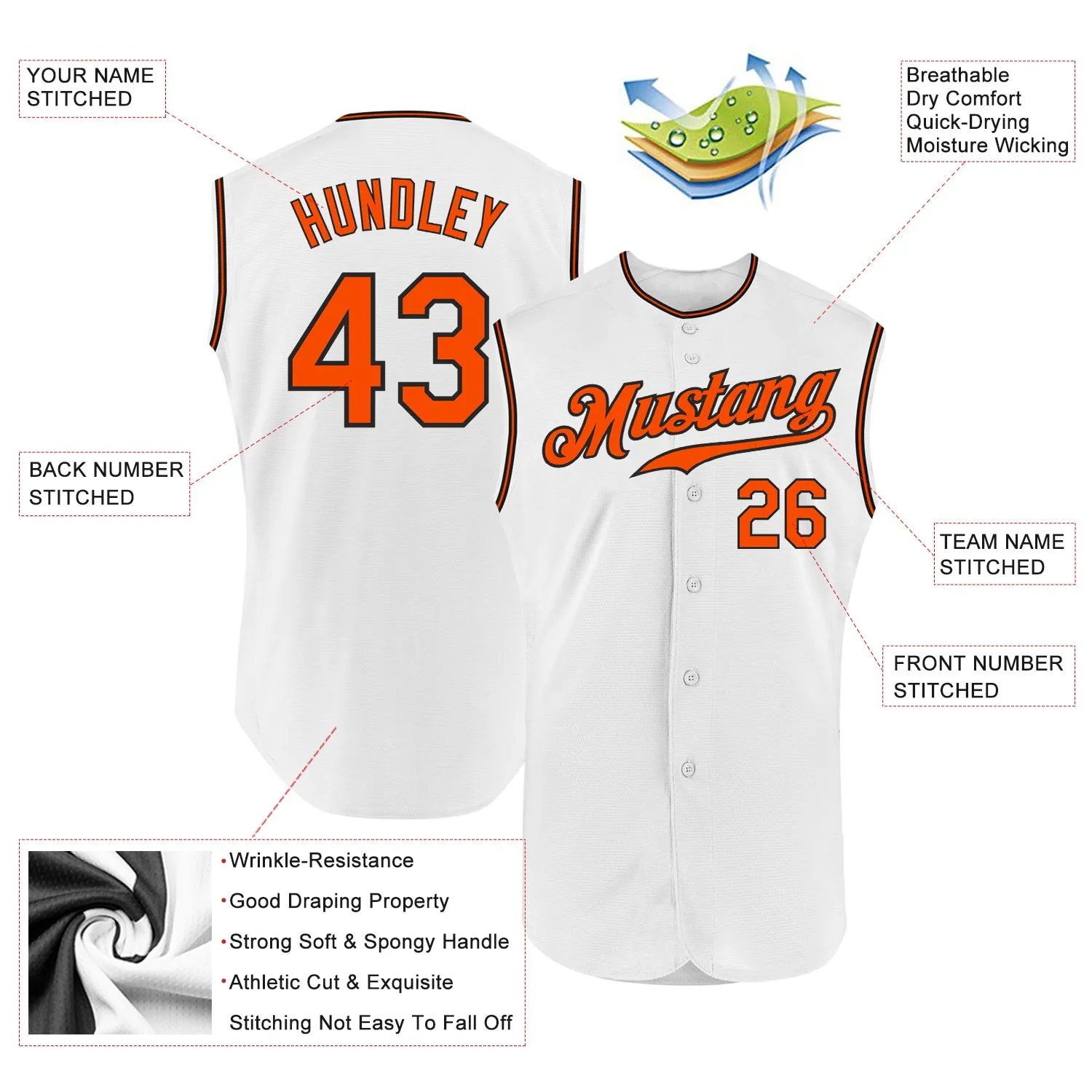 Custom White Orange-Black Authentic Sleeveless Baseball Jersey