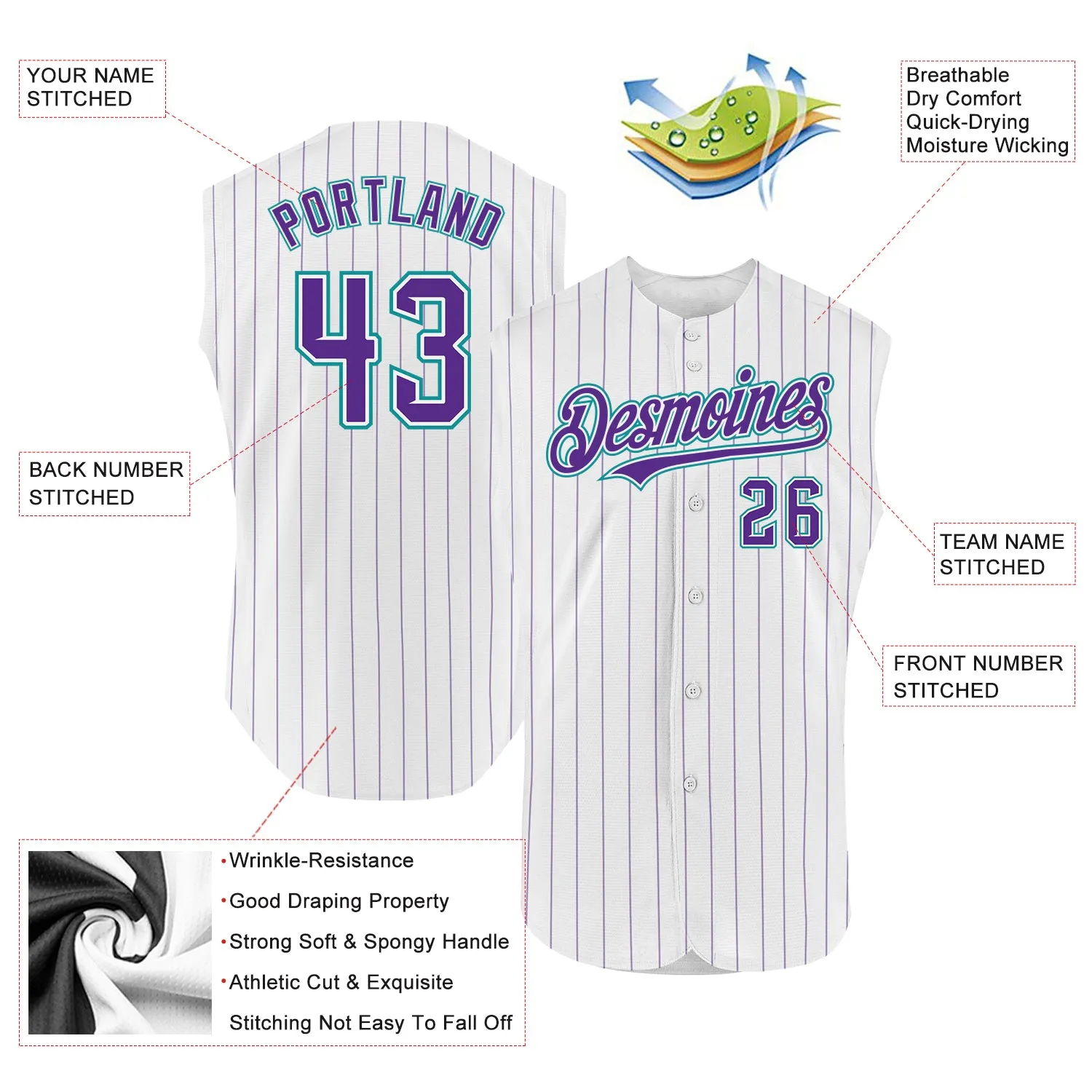 Custom White Purple Pinstripe Light Blue Authentic Sleeveless Baseball Jersey