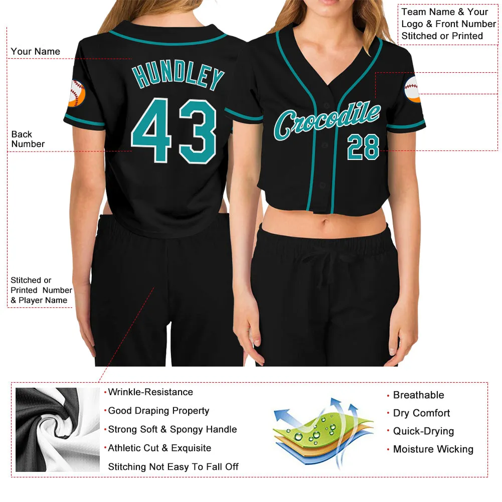 Custom Women's Black Aqua-White V-Neck Cropped Baseball Jersey