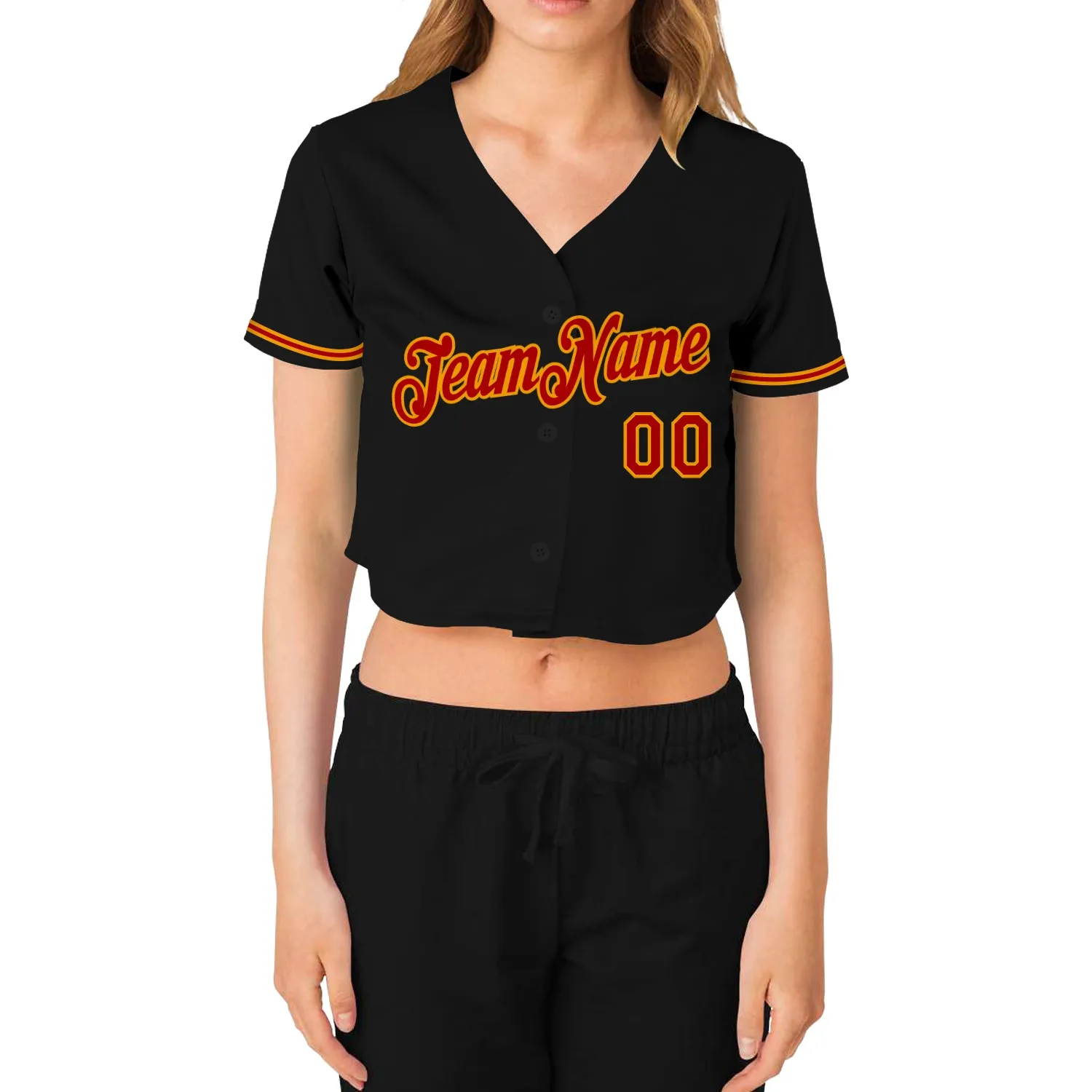 Custom Women's Black Red-Gold V-Neck Cropped Baseball Jersey