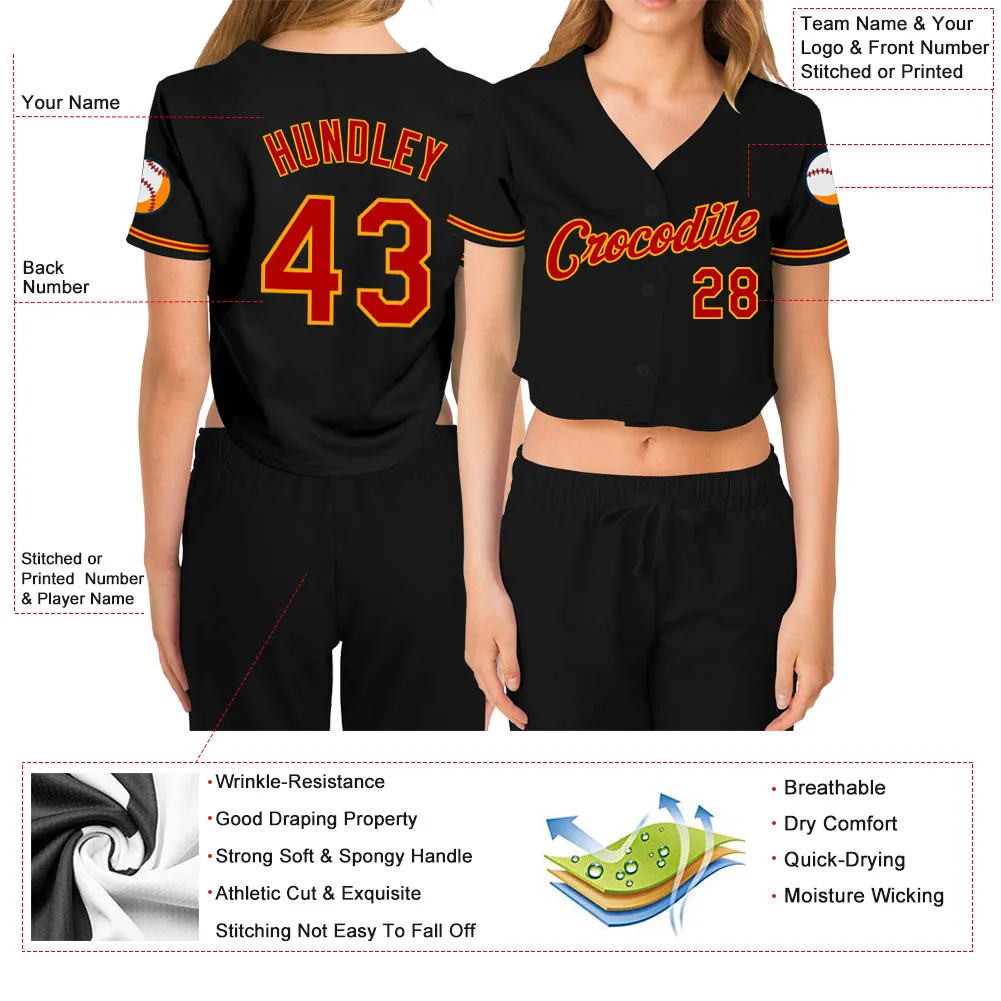 Custom Women's Black Red-Gold V-Neck Cropped Baseball Jersey