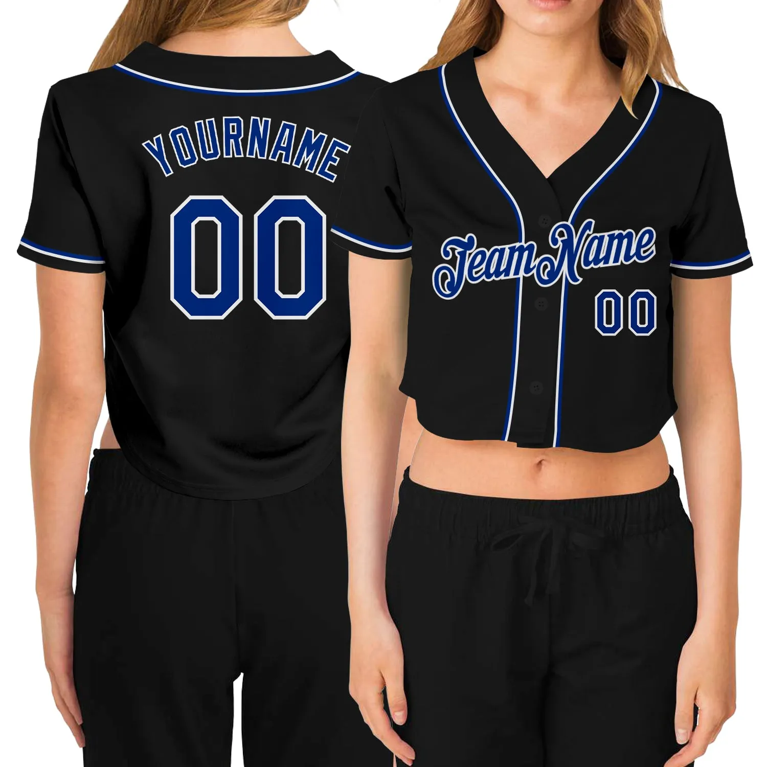 Custom Women's Black Royal-White V-Neck Cropped Baseball Jersey