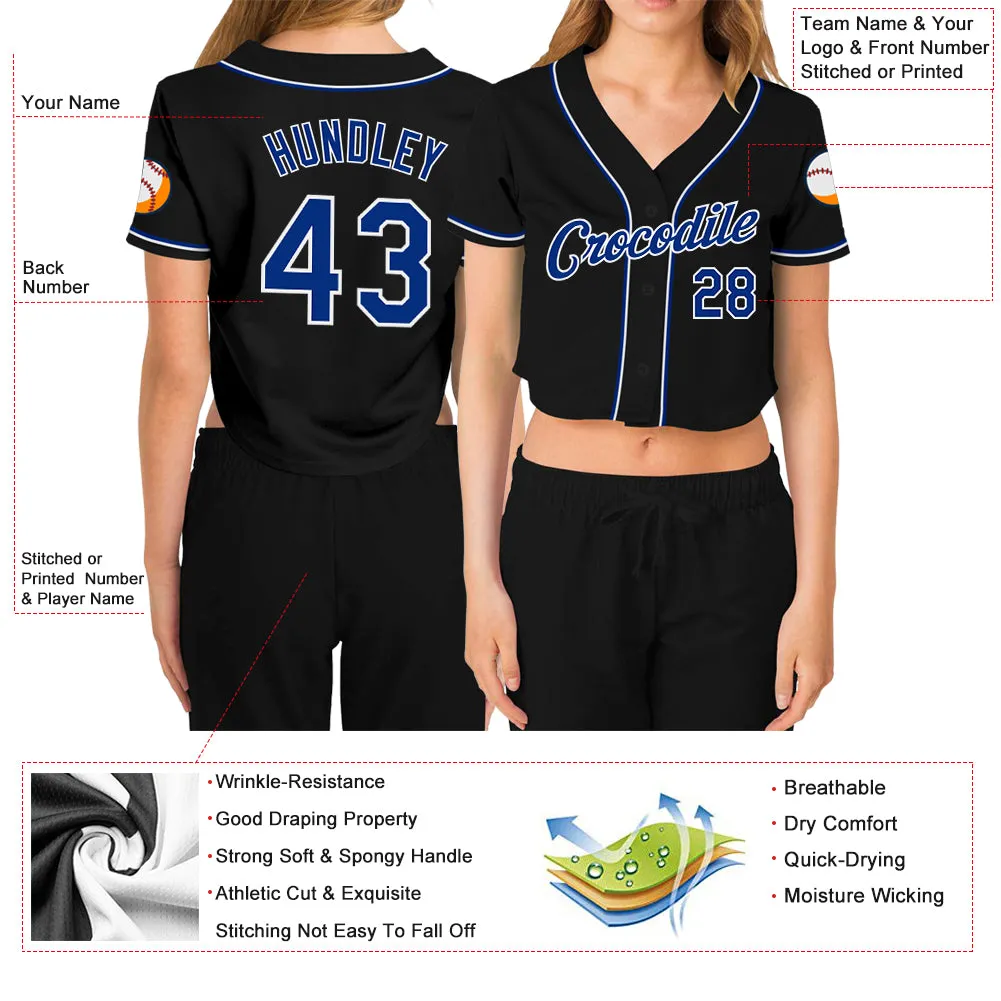 Custom Women's Black Royal-White V-Neck Cropped Baseball Jersey