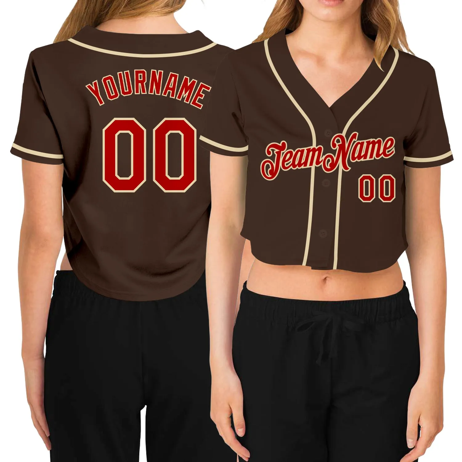 Custom Women's Brown Red-Cream V-Neck Cropped Baseball Jersey