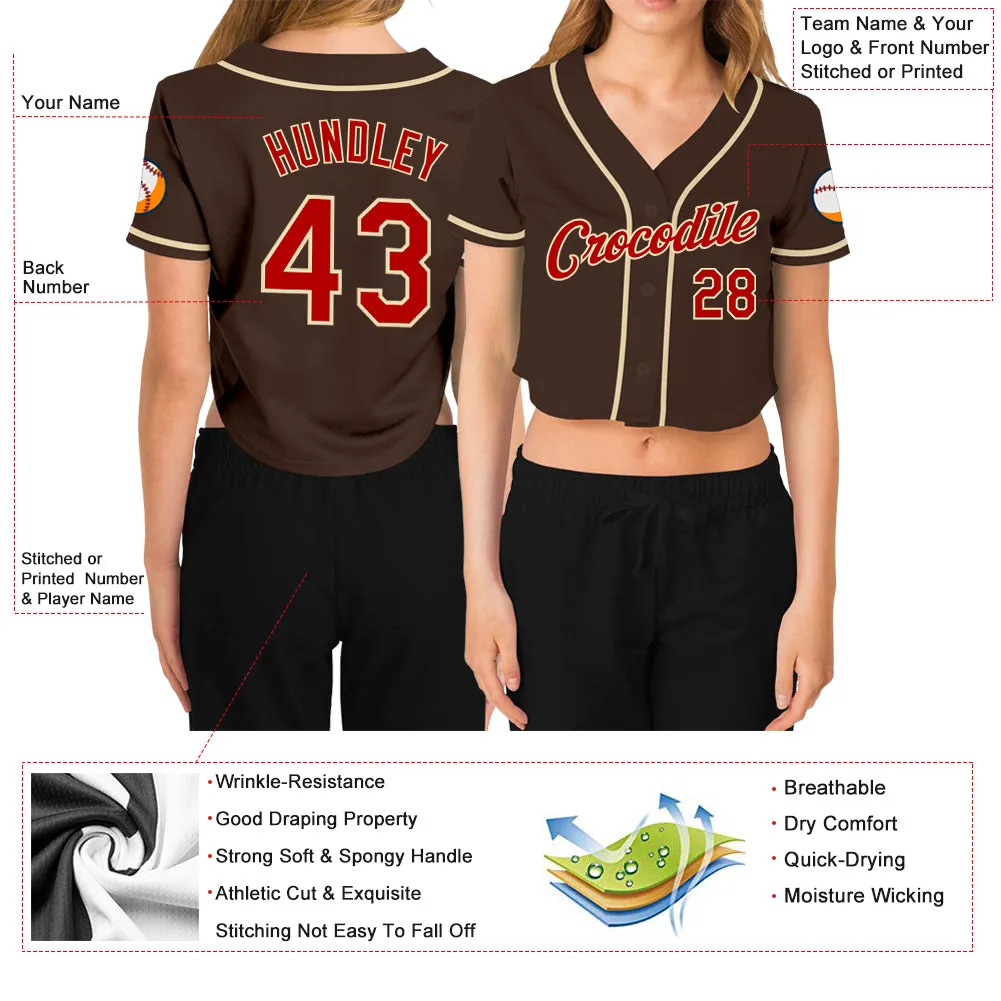 Custom Women's Brown Red-Cream V-Neck Cropped Baseball Jersey