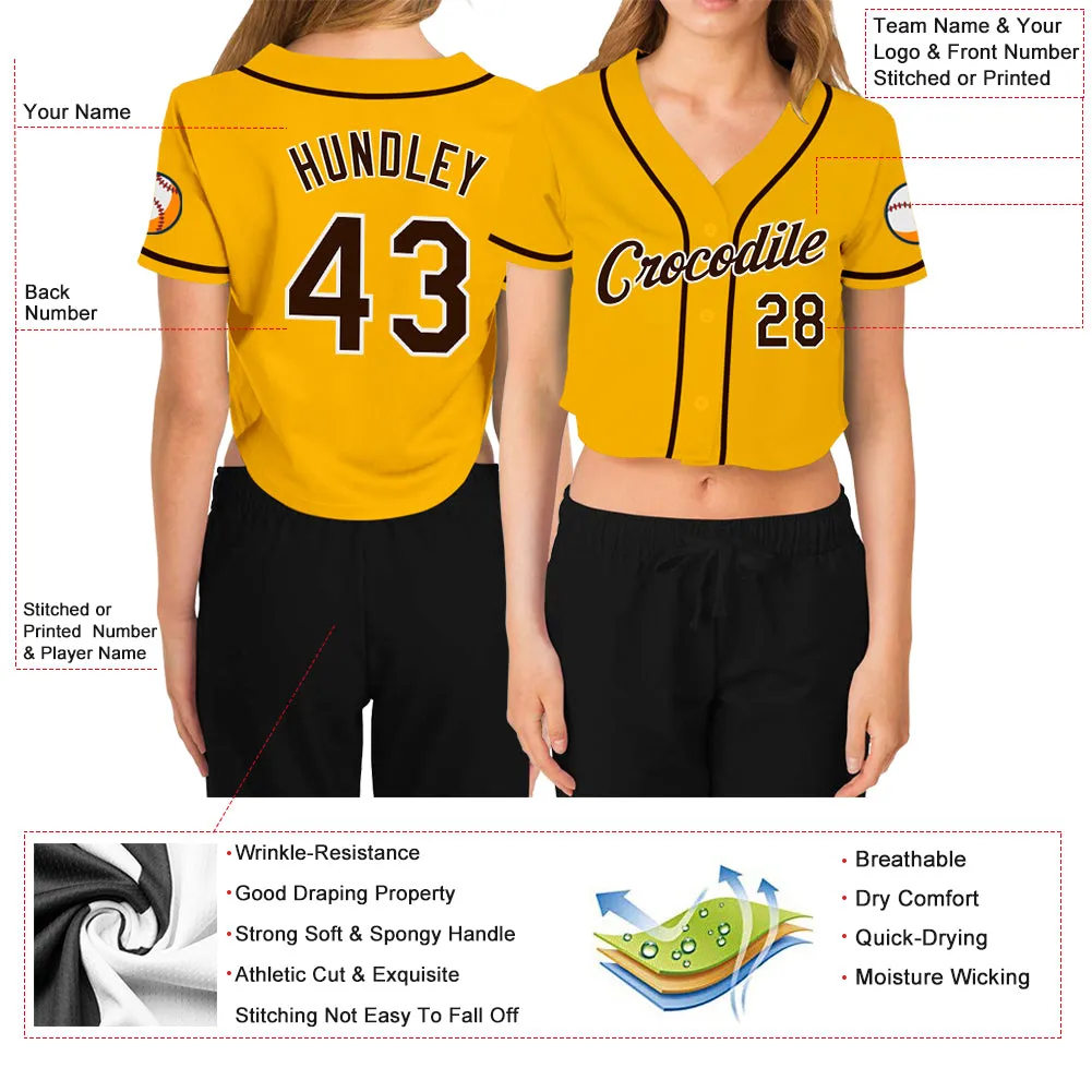 Custom Women's Gold Brown-White V-Neck Cropped Baseball Jersey