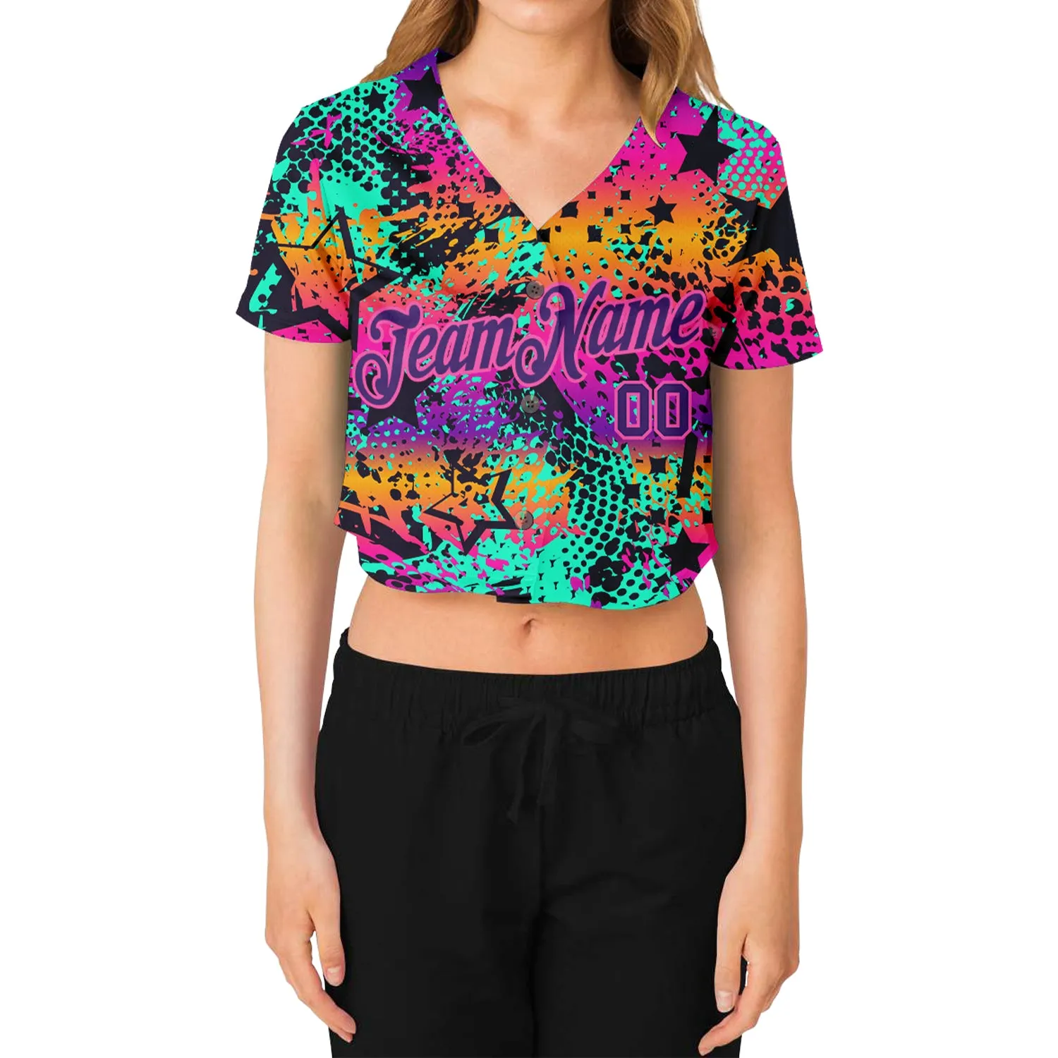 Custom Women's Graffiti Pattern Purple-Pink Bright Neon Colors 3D V-Neck Cropped Baseball Jersey