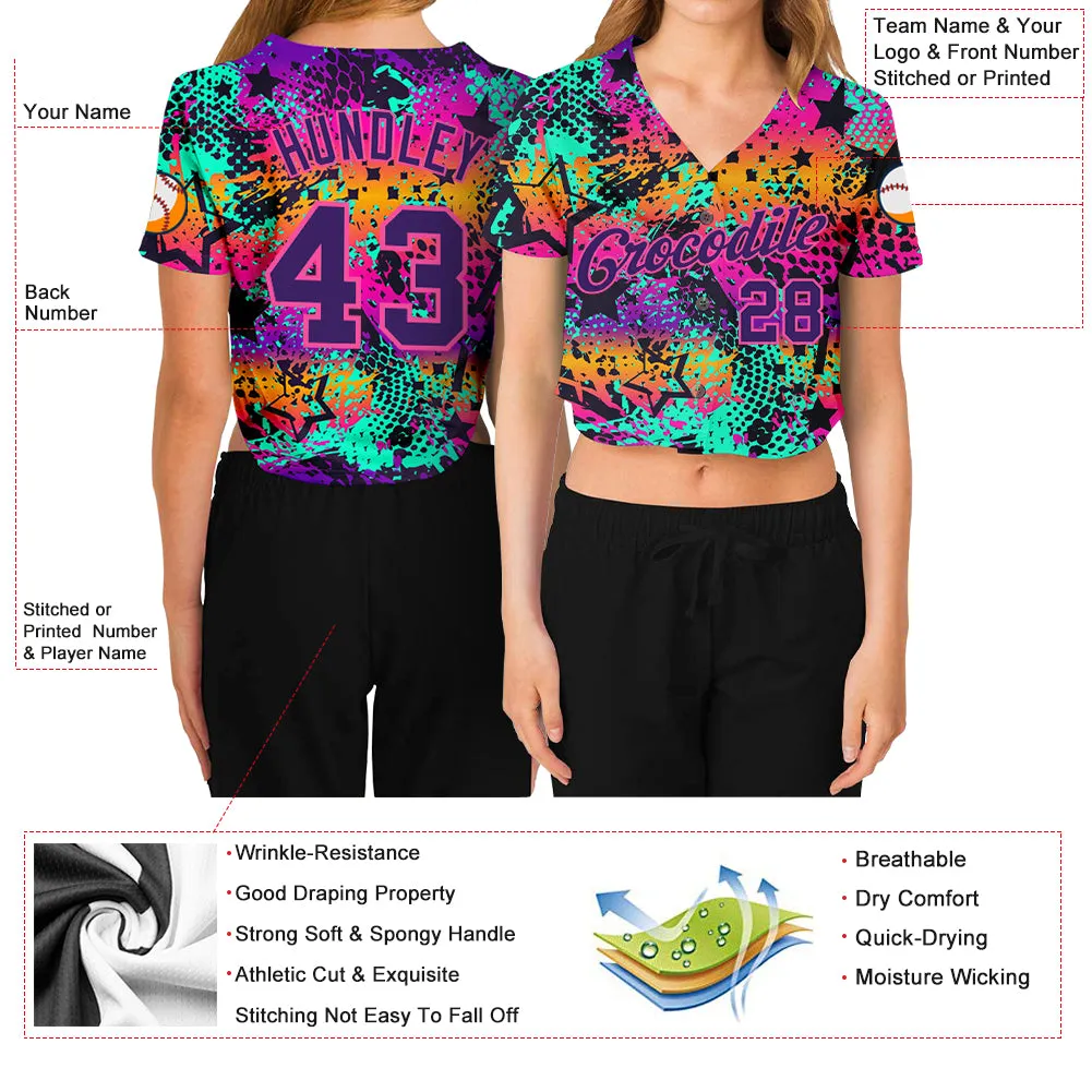 Custom Women's Graffiti Pattern Purple-Pink Bright Neon Colors 3D V-Neck Cropped Baseball Jersey