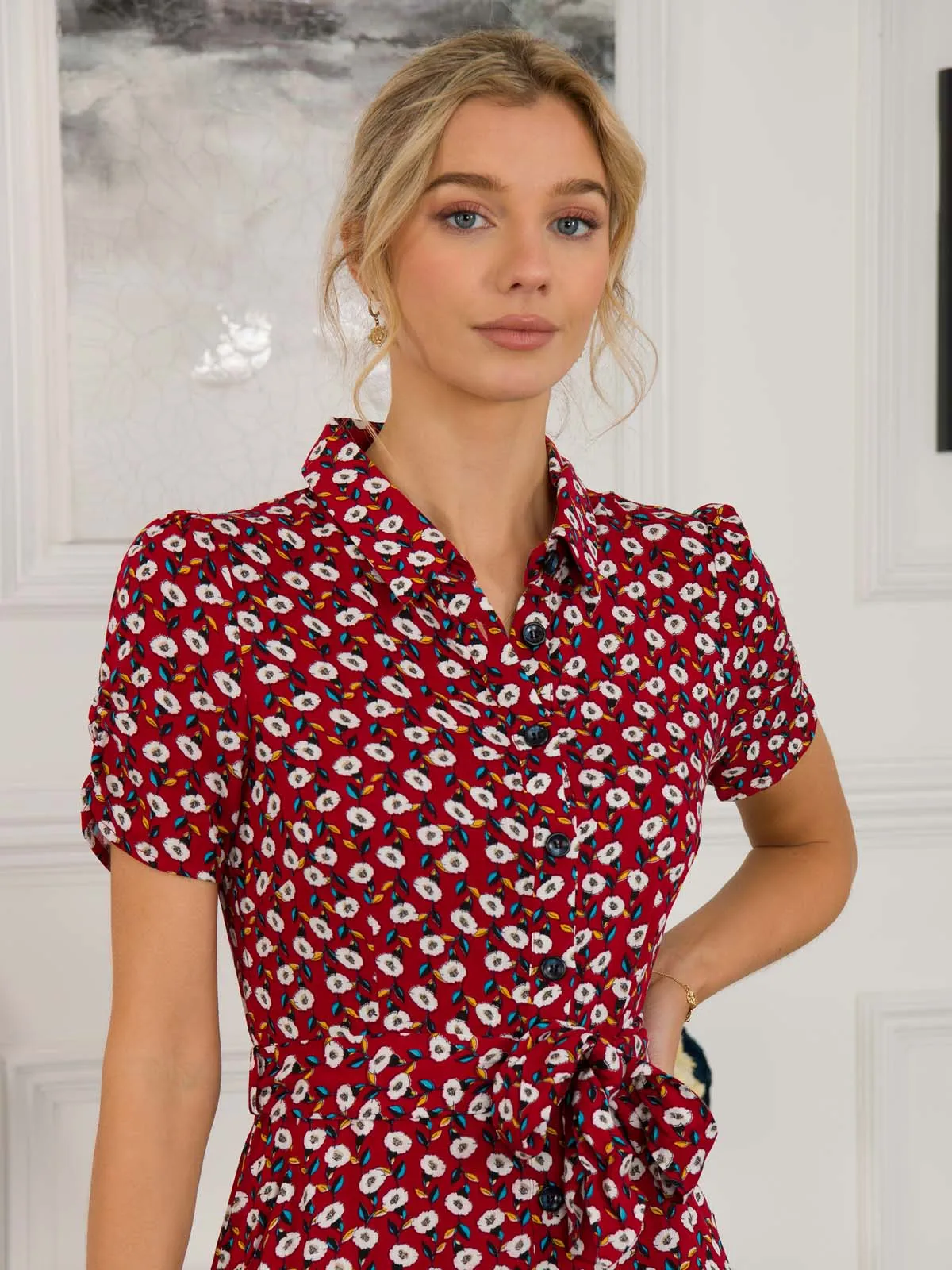 Danni Shirt Midi Dress, Red Floral