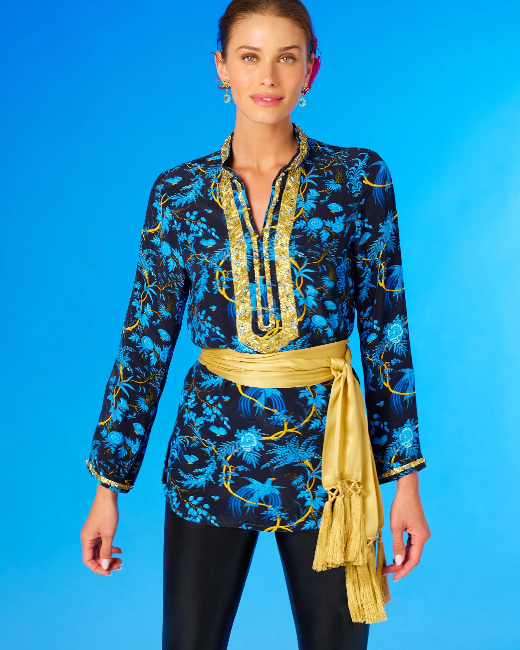 Darcy Tunic in Midnight Garden with Gold Embellishment