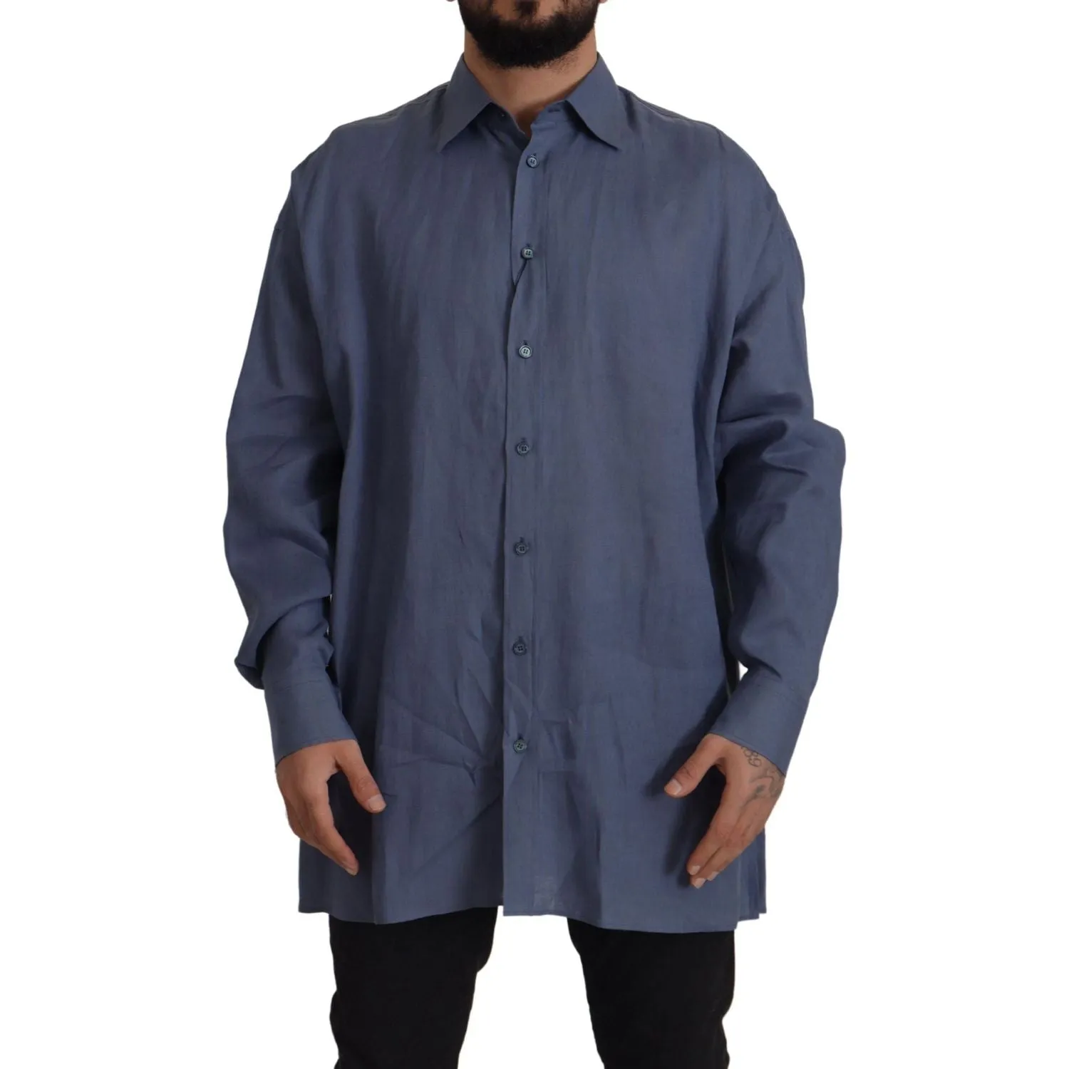 Dolce & Gabbana Elegant Dark Blue Linen Dress Shirt