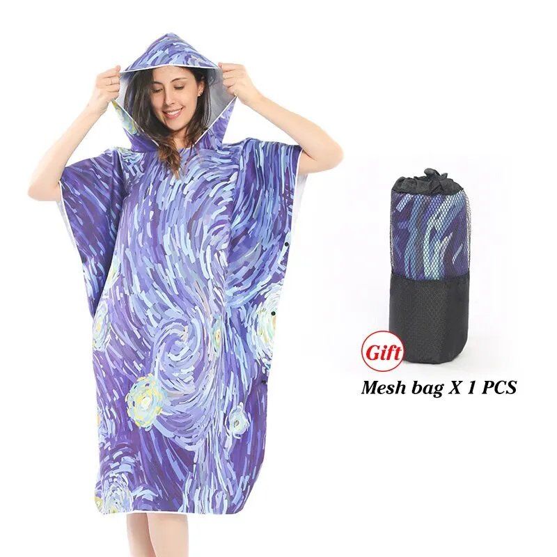 Double Sided Velvet Diving Beach Changing Robe Cape Printing Bath Towel For Swimming Adult Quick Dry Hooded Bathrobe