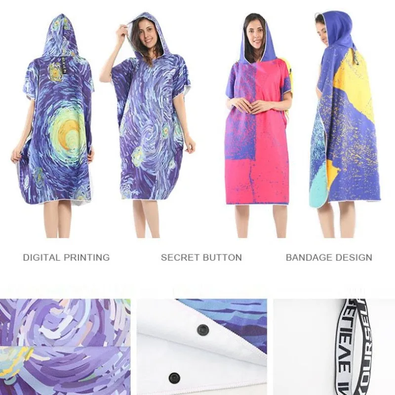 Double Sided Velvet Diving Beach Changing Robe Cape Printing Bath Towel For Swimming Adult Quick Dry Hooded Bathrobe