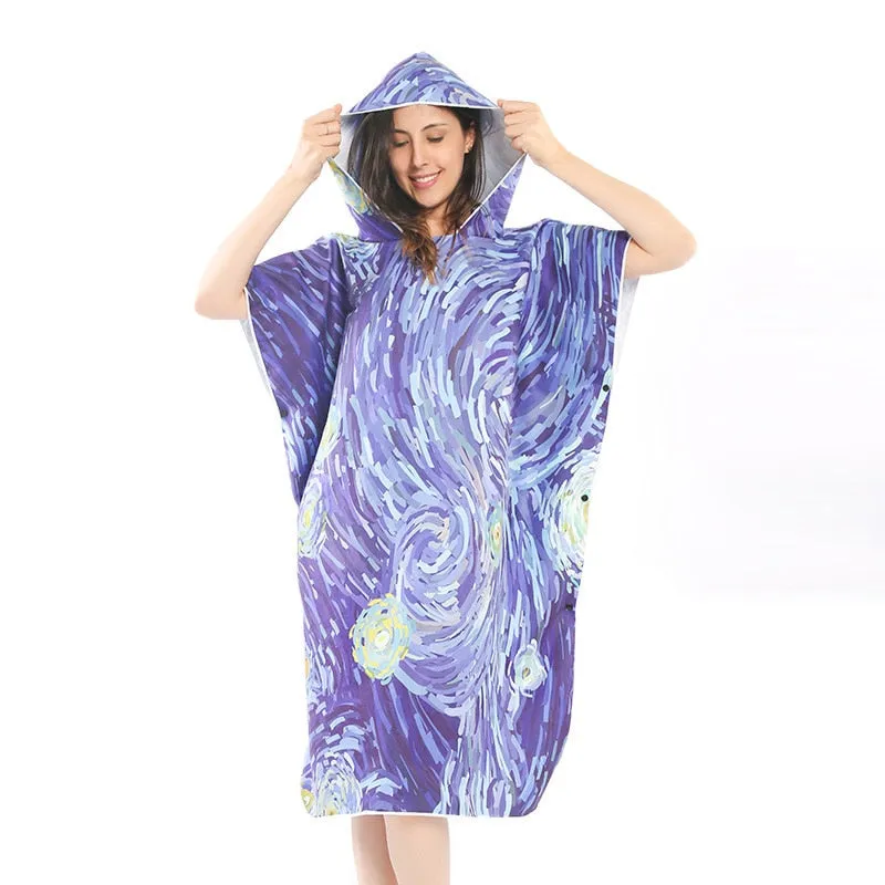 Double Sided Velvet Diving Beach Changing Robe Cape Printing Bath Towel For Swimming Adult Quick Dry Hooded Bathrobe