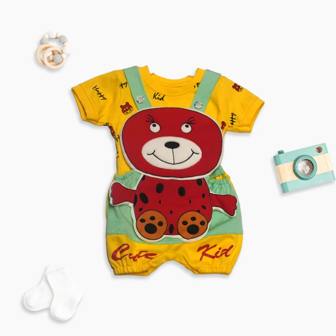 Dungare and Half Sleeve T-Shirt with Teddybear Print - Yellow and Blue