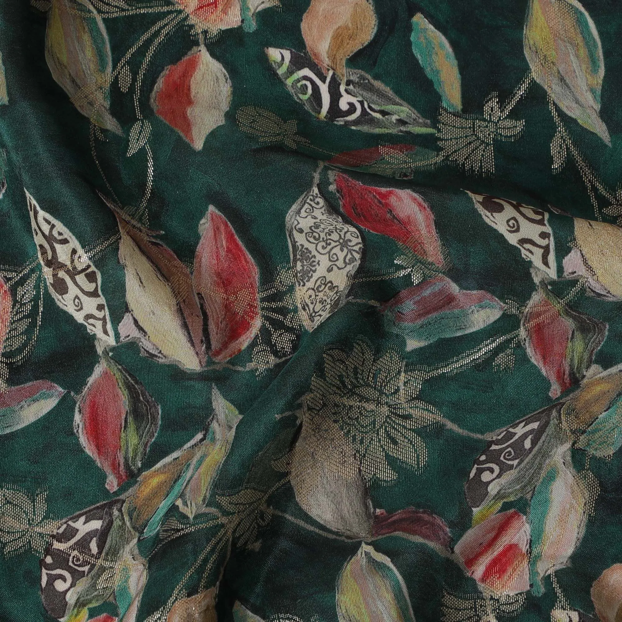 Enchanted Forest Viscose Crepe Fabric - Exotic Leaves and Birds Print, Indian Crafted, 110cm Wide-D18724