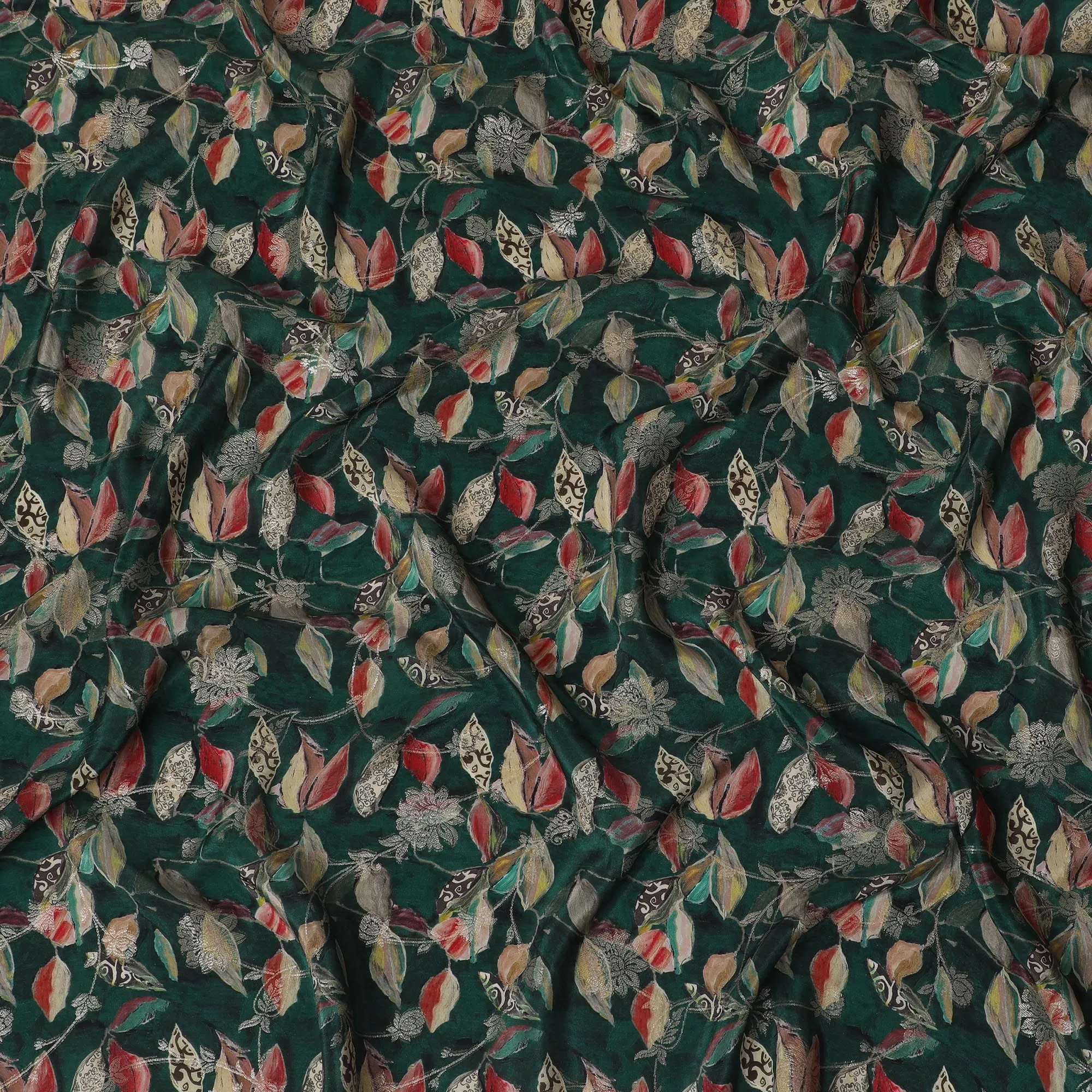 Enchanted Forest Viscose Crepe Fabric - Exotic Leaves and Birds Print, Indian Crafted, 110cm Wide-D18724