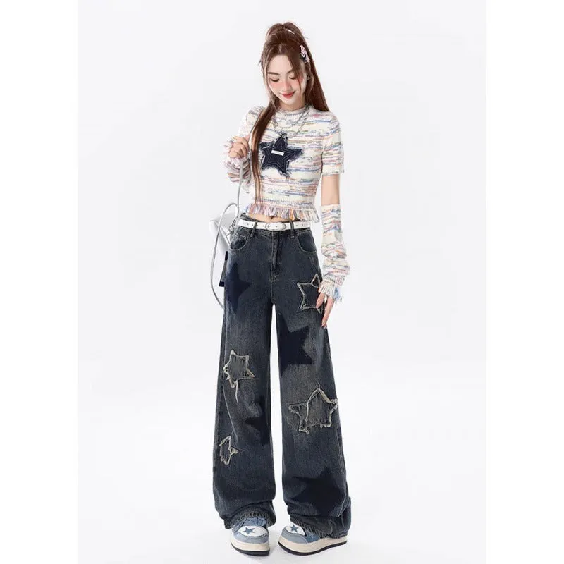 Fashionkova streetwear men outfits Star Denim Overalls Women's Autumn American Retro High Street Draping High Waist Loose Straight Wide Leg Long Pants Fashion