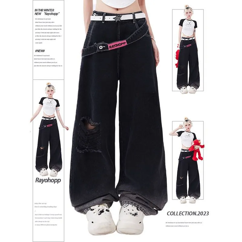 Fashionkova streetwear men outfits Star Denim Overalls Women's Autumn American Retro High Street Draping High Waist Loose Straight Wide Leg Long Pants Fashion