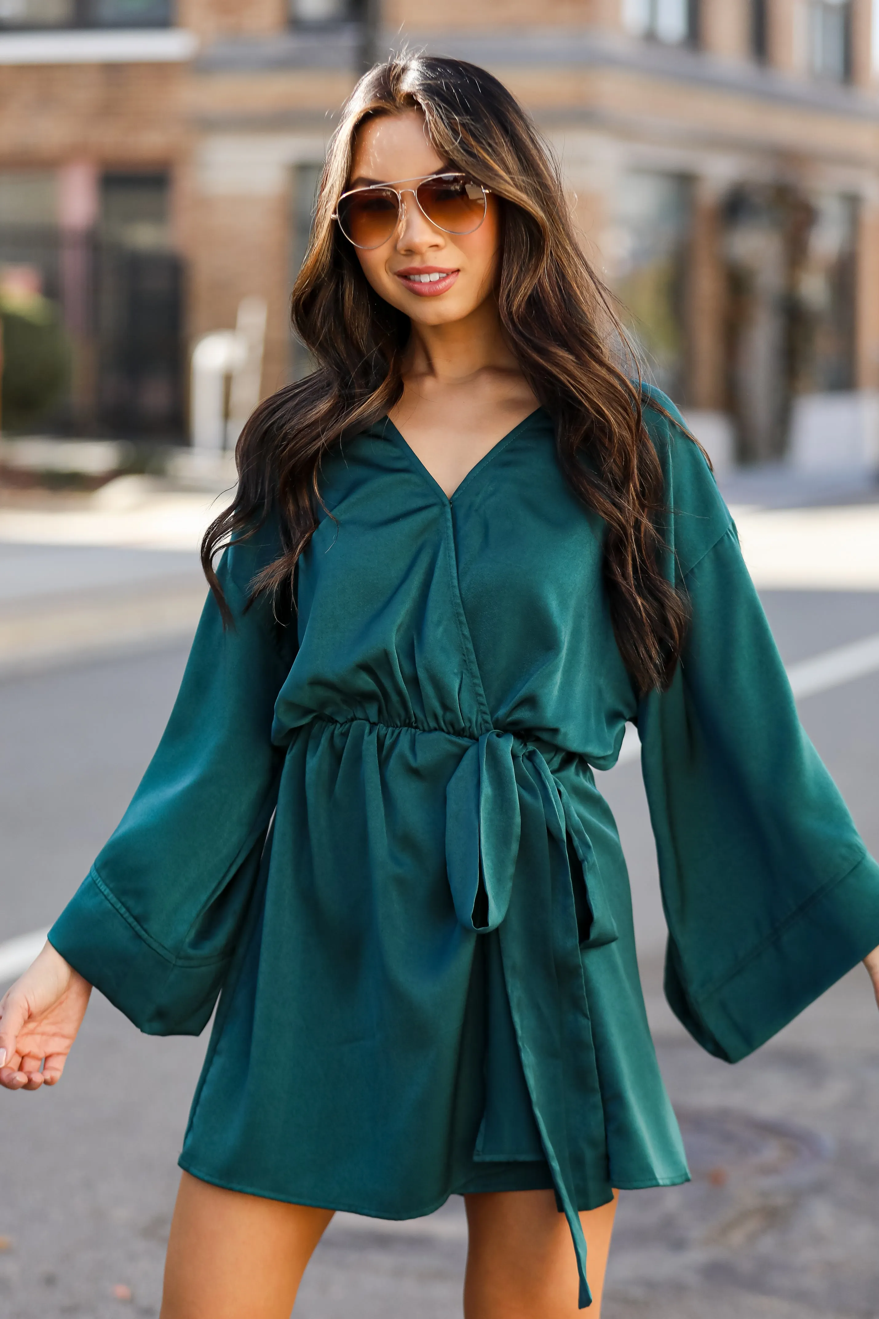 FINAL SALE - Superior Shine Hunter Green Satin Romper