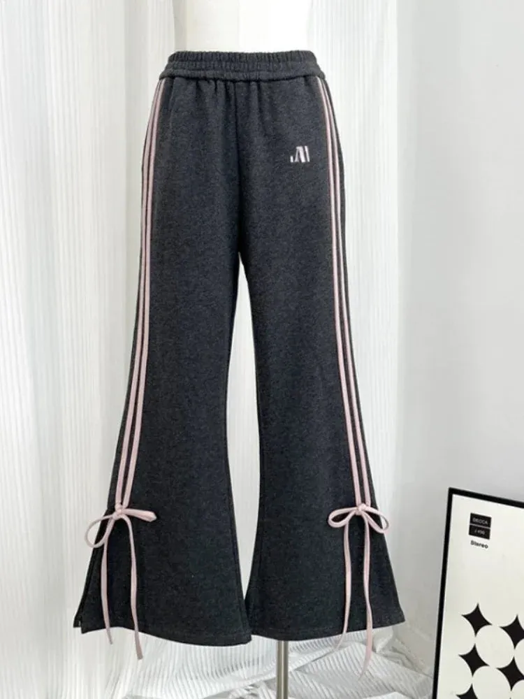 Flared Women Fashion Bow Slit High Waist Track Streetwear Pants