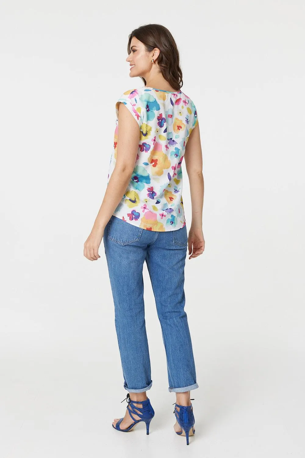 Floral Print Turn-Up Cap Sleeve Shell Top