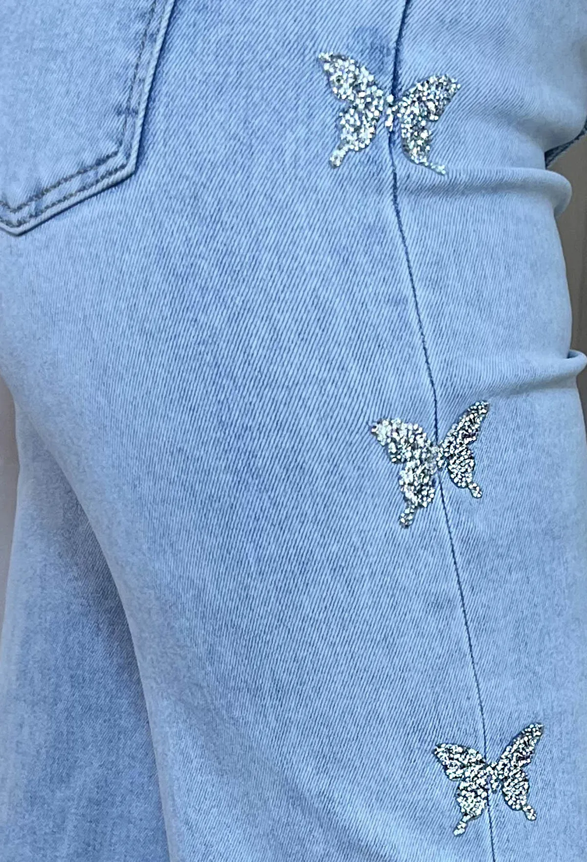 Fluttering Illusion Light Blue Stretch Side Butterfly Diamante Jeans