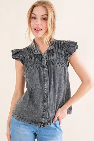 Full Size Ruffled Button Up Cap Sleeve Denim Top