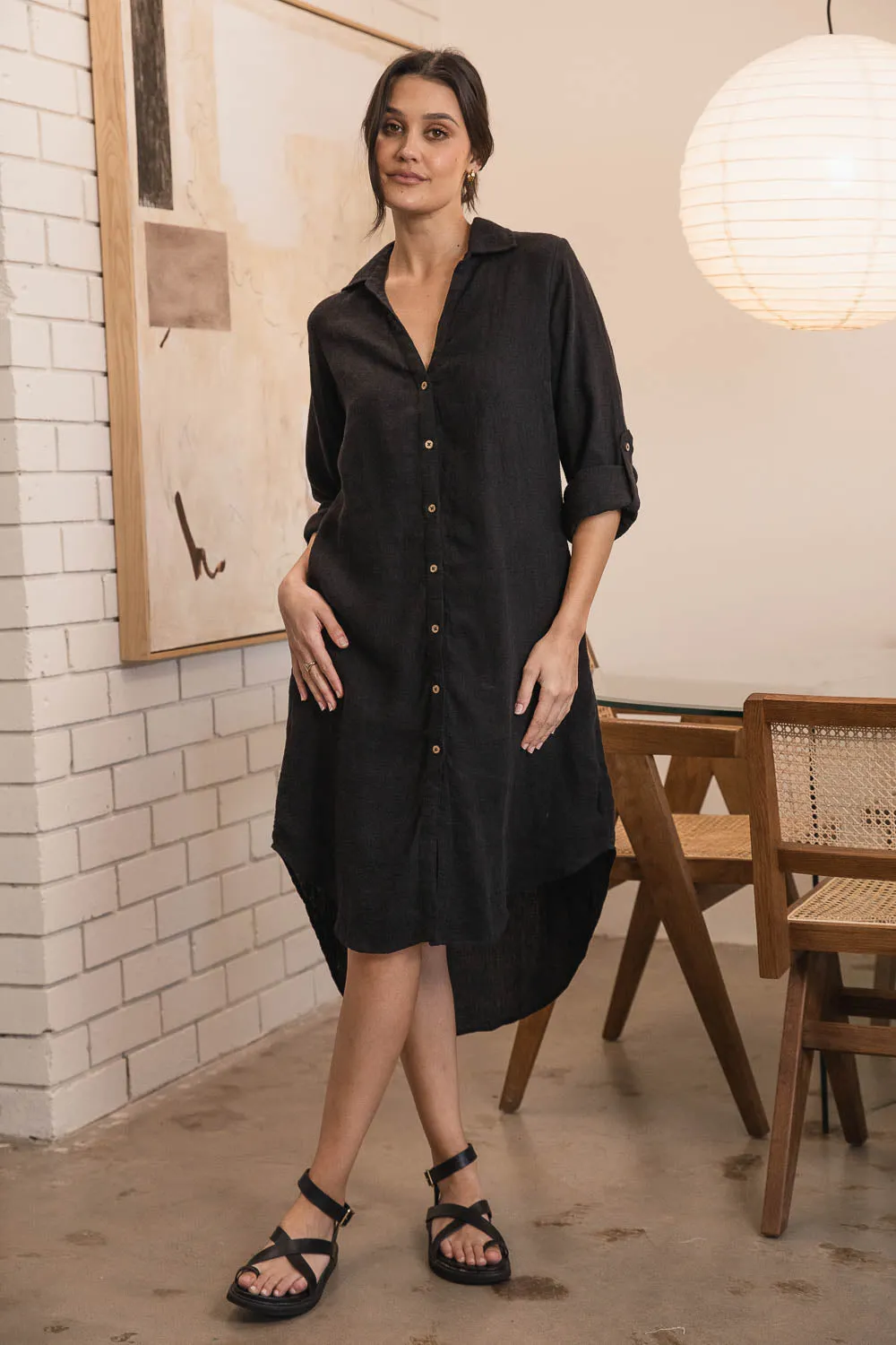 Fundamental Linen Shirt Dress - Black