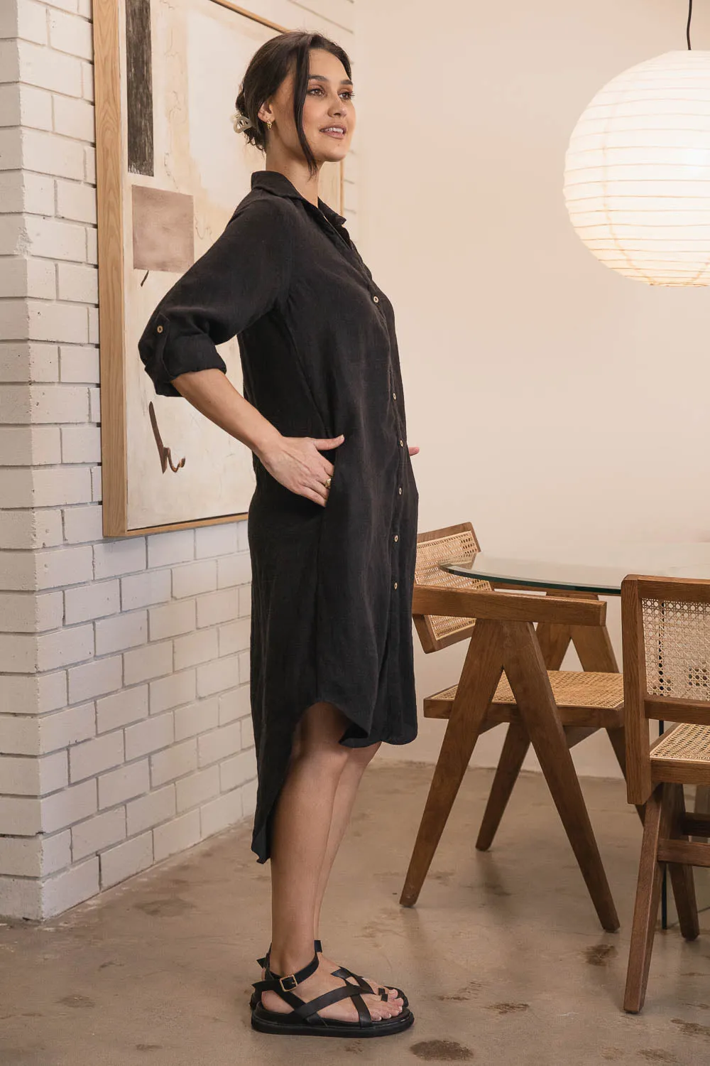 Fundamental Linen Shirt Dress - Black