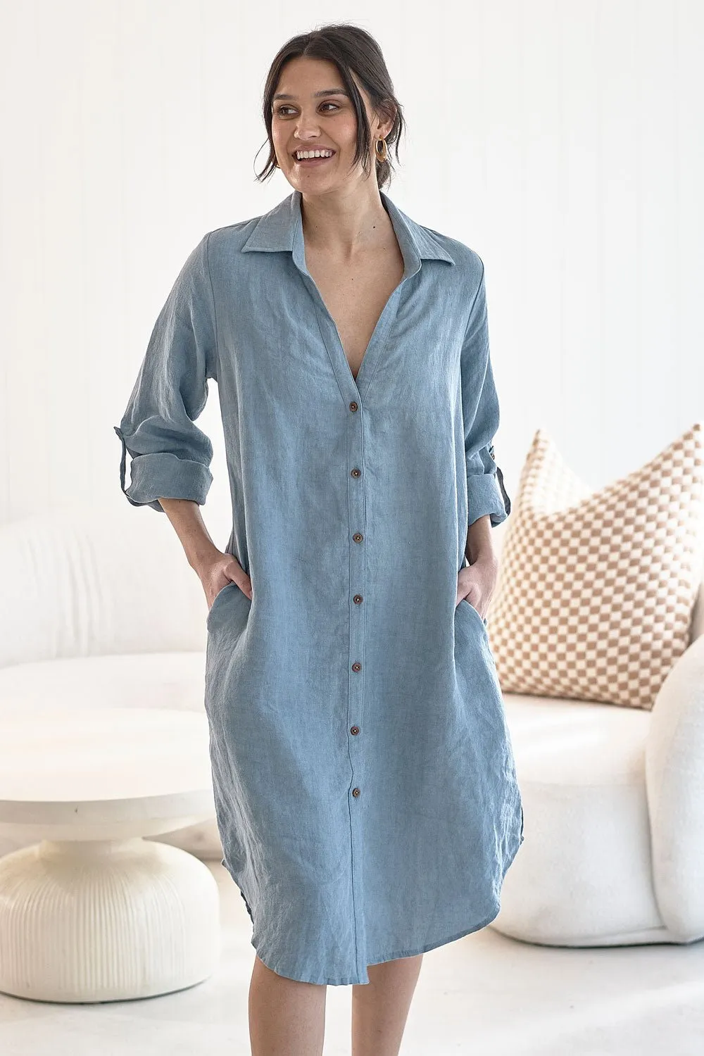 Fundamental Linen Shirt Dress - Blue