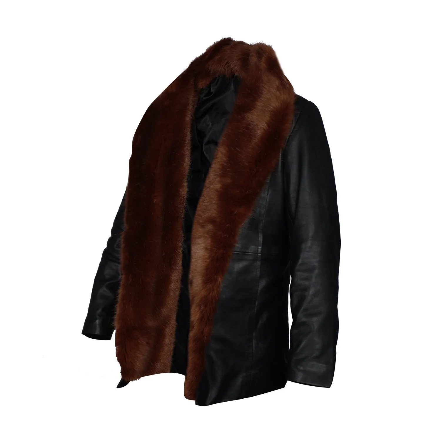 Furr Collar Leather Coat Jacket in Black Genuine Leather