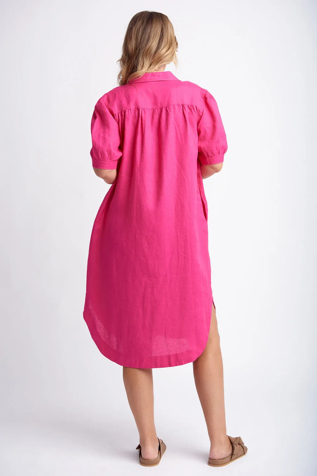 Gathered Yoke Linen Shirt Dress Bright Pink