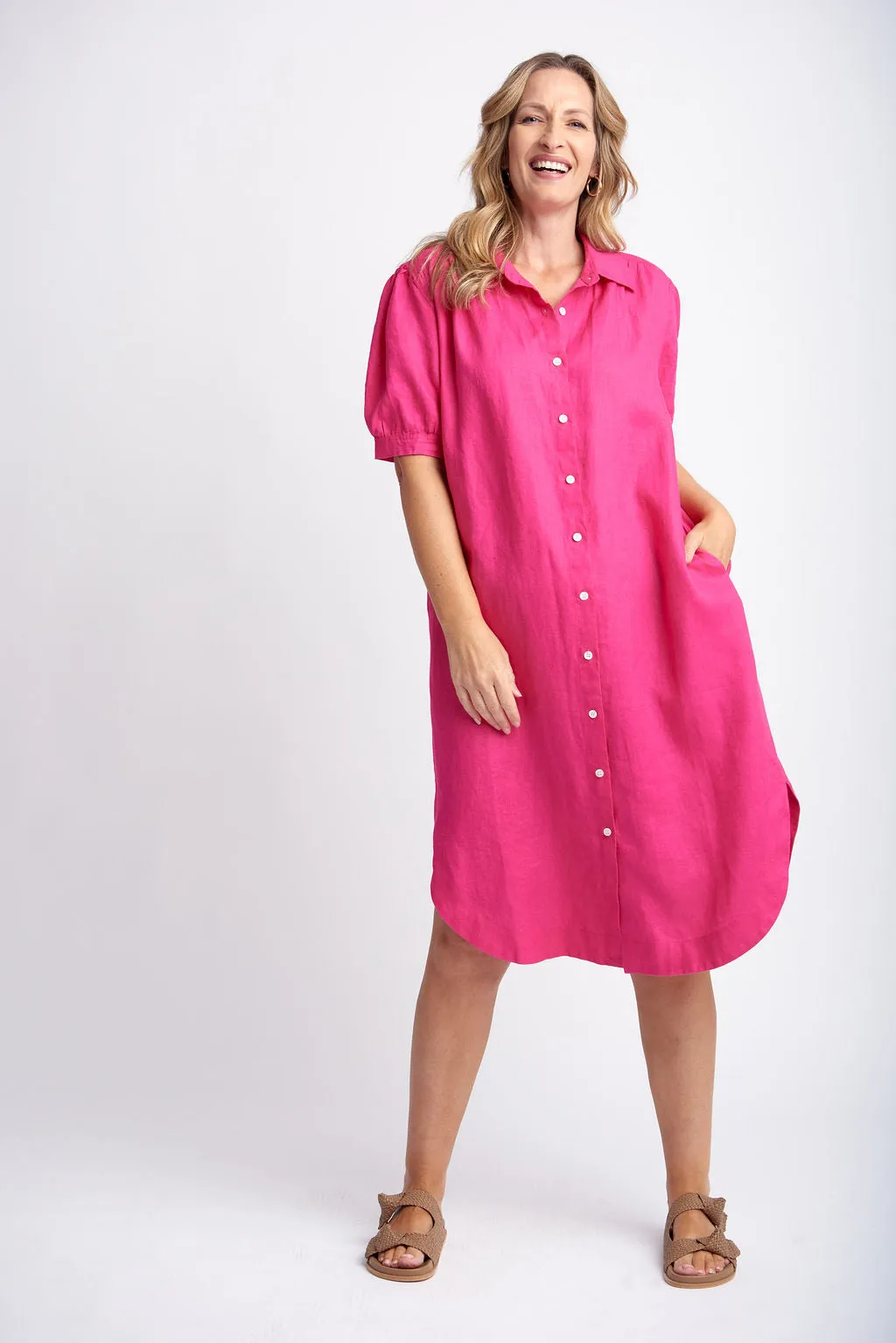 Gathered Yoke Linen Shirt Dress Bright Pink