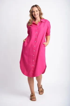 Gathered Yoke Linen Shirt Dress Bright Pink