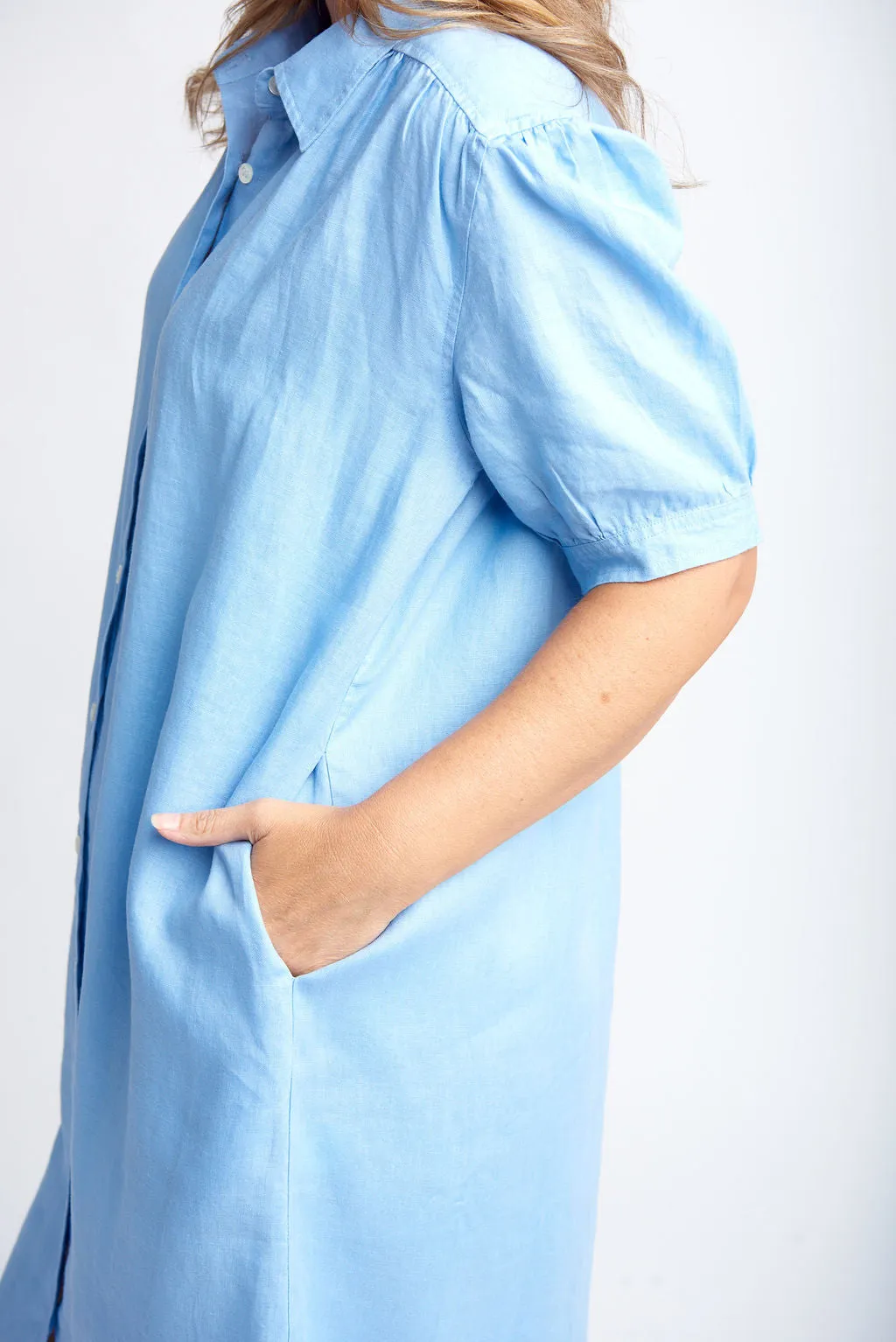 Gathered Yoke Linen Shirt Dress Cornflower Blue