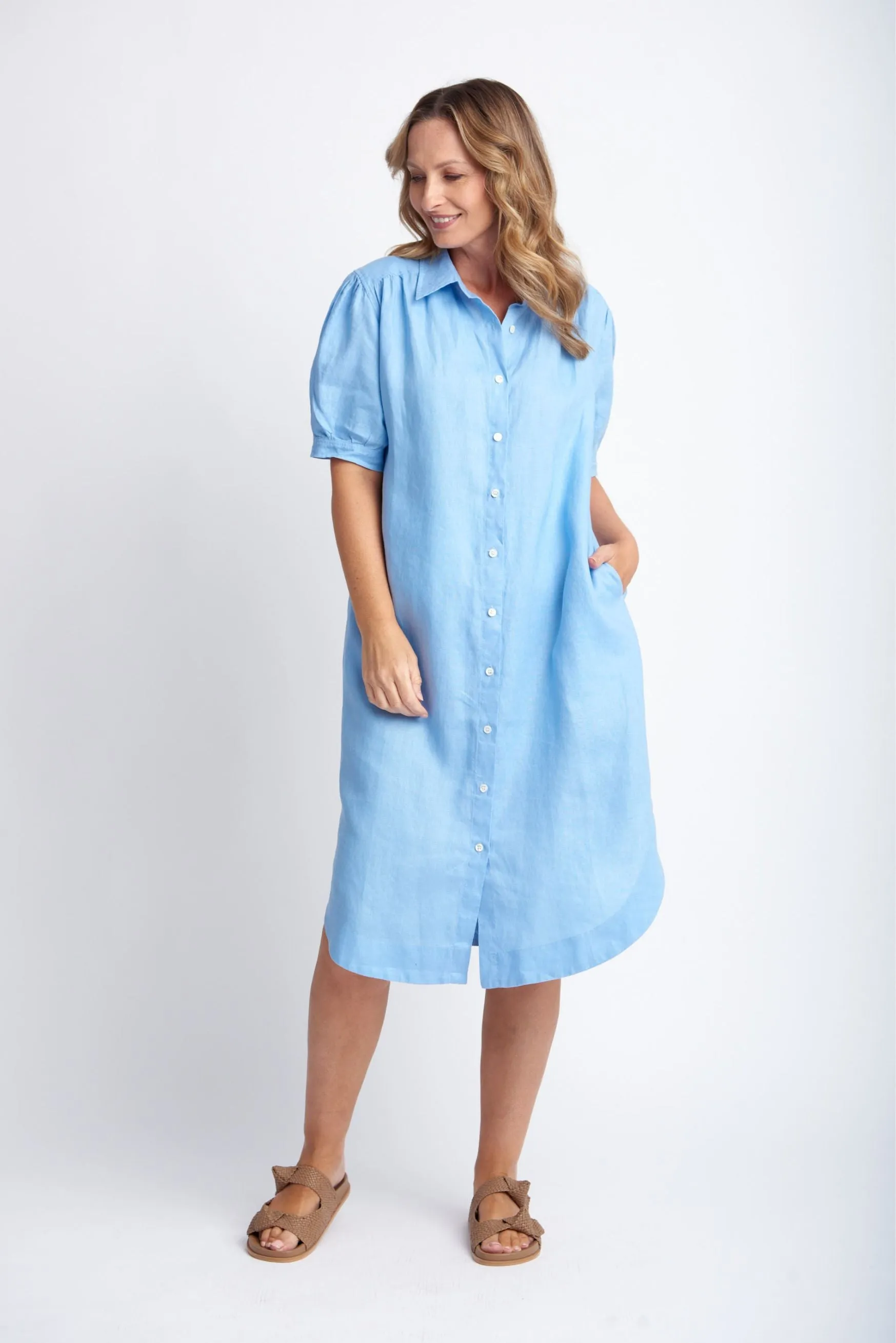 Gathered Yoke Linen Shirt Dress Cornflower Blue