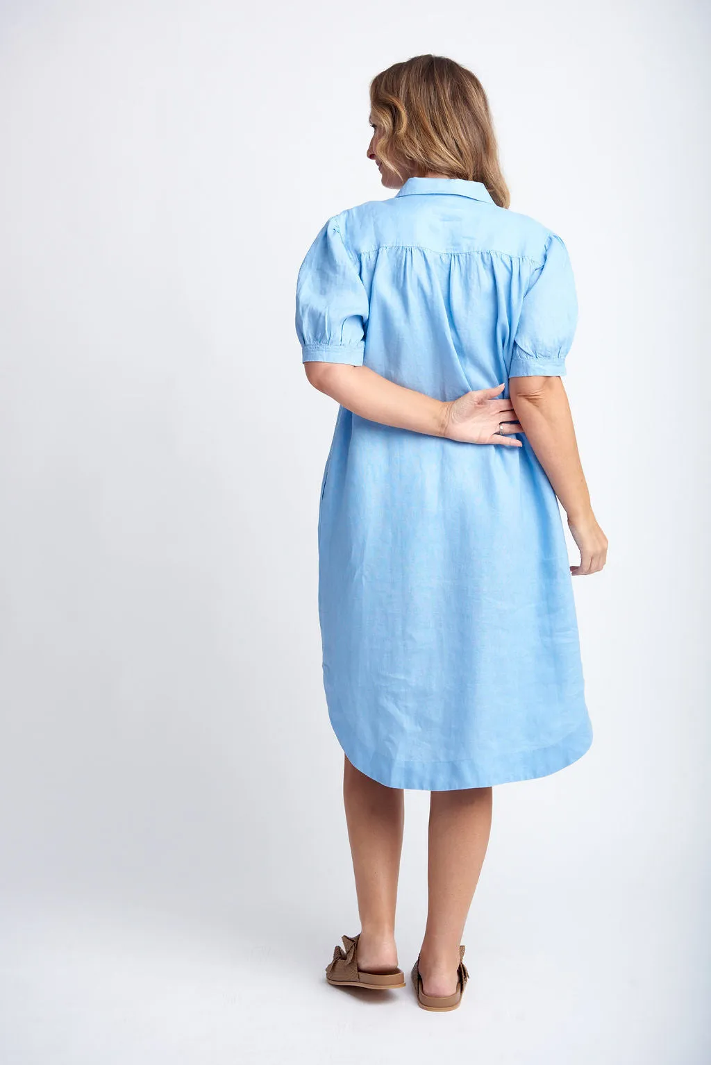 Gathered Yoke Linen Shirt Dress Cornflower Blue