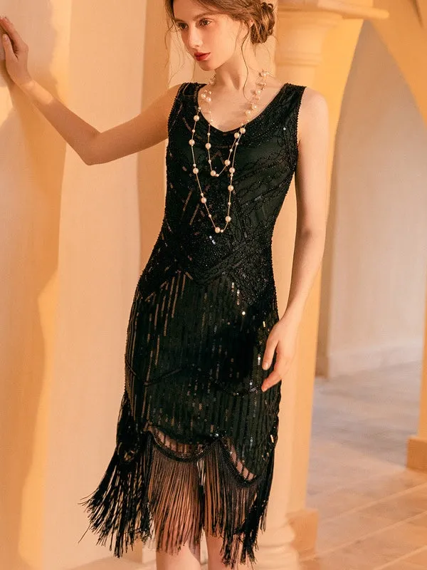 Gatsby Glamour Beaded Black Fringe Flapper Dress