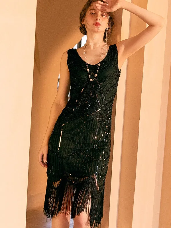 Gatsby Glamour Beaded Black Fringe Flapper Dress