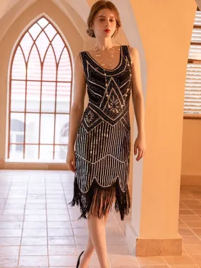 Gatsby Glamour Beaded Black Fringe Flapper Dress